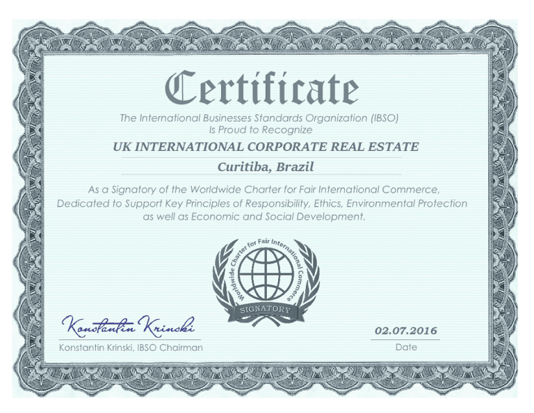 Certificado da International Businesses Standards Organization (IBSO) reconhecendo a UK International Corporate Real Estate, de Curitiba, como signatária do Worldwide Charter for Fair International Commerce
